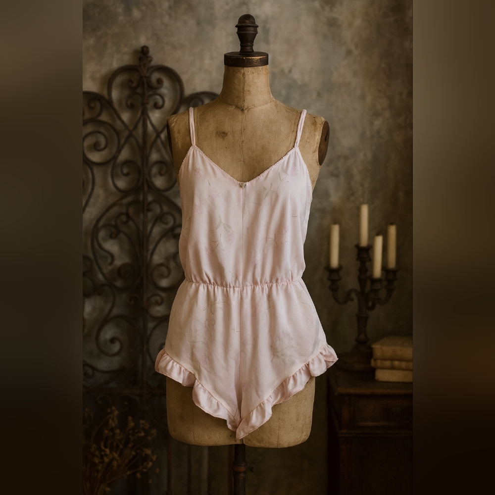Vintage 90s Jennifer Dale Pink Floral Satin Romper – Union Made USA – Size Large